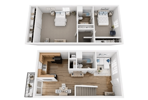 A top and bottom floor plan of a house with a kitchen, living room, bedrooms and bathrooms.
